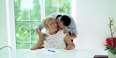 Old lady with hairy cunt rides cock of stud at home