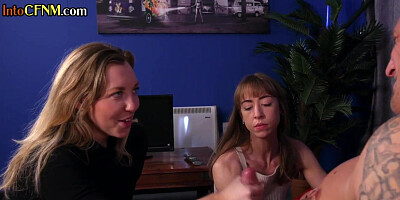 CFNM femdom babes deepthroating and tugging cock in 3some