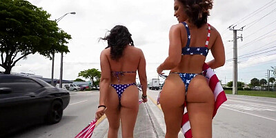 Booty busty babes mouth and pussy fucked in oiled 3some