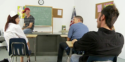 Redhead teen gangbanged in the classroom