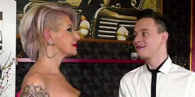 Femdom leather MILF licked and fucked by submissive stud