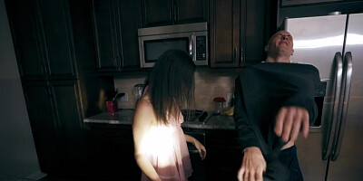 Skinny small boobs BJ babe fucked in kitchen under candles
