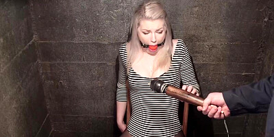 Bound blonde in wool stockings toyed