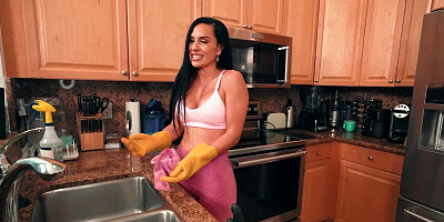 Busty amateur maid sucks and rides cock after cleaning