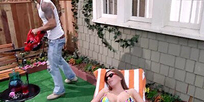 Busty babe Katerine Moss tempts her gardener to fuck her mouth and pussy