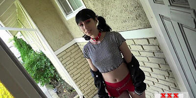 Submissive petite GF in high heels deepthroats cock