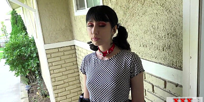 Submissive petite GF in high heels deepthroats cock