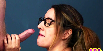 Amateur CFNM GF with glasses sucks cock till cumshot