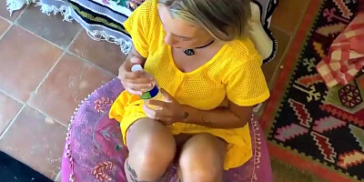 Russian blonde girl sucked the guy and swallowed the sperm at the end