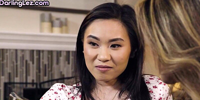 Asian dyke seduces 21yo petite BFF slut on the sofa