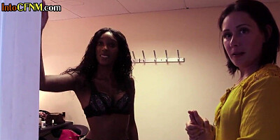 CFNM Ebony jerking cock in femdom group action till cumshot