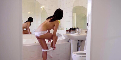 Sensual babe in stockings pussynailed by her BF on couch