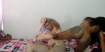 Tattooed butt ebony rides white dick on webcam