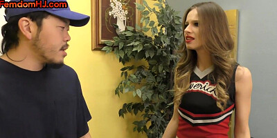 Femdom HJ cheerleader wanks POV dick of lucky Asian dude