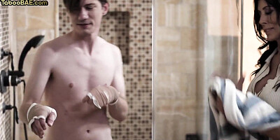 Bigtitted MILF cockriding short guy after showering