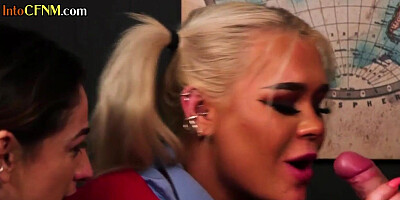 CFNM college babe in uniform sucking professor cock in 3some