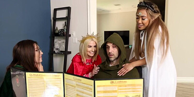 Kinky cosplay girlfriends riding the storyteller