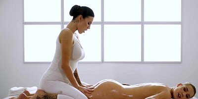 Oiled lesbians babes lick each other pussy at massage