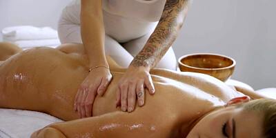 Oiled lesbians babes lick each other pussy at massage