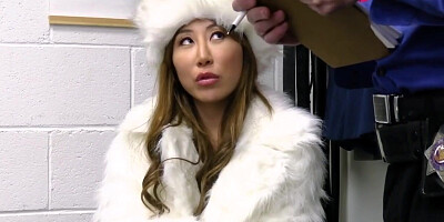 Big tit Asian MILF suspect gags on guards cock