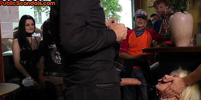 Public BDSM sluts fucked in pussy and mouth in front voyeurs