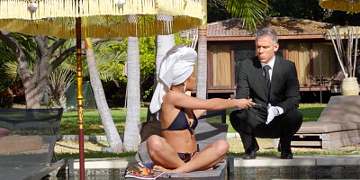 Spoiled Asian babe assfucked by her servant after spanking