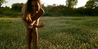 Perfect small tits MILF posing outdoor