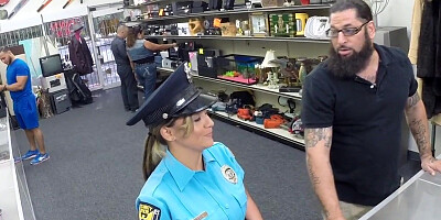 Police lady fucked in pawnshop in POV by big white cock