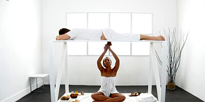 Massaging ebony enjoys riding white dick after massaging