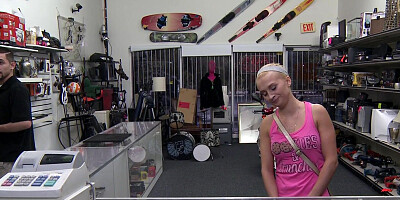 Pawnshop nympho slut enjoys sucking big dick in POV