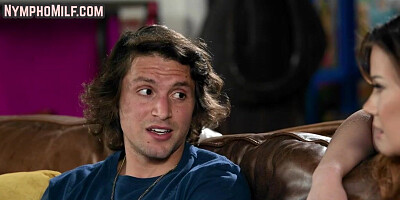 Nympho medium boobs MILF sucks and rides stud cock on couch