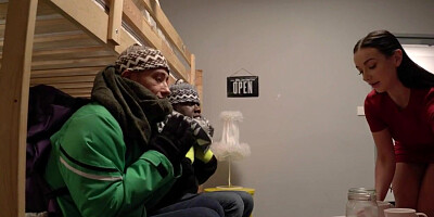 Busty IR babe gets fucked by BBC n white cock in hostel room