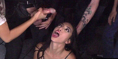 BDSM public babe fucked and covered with cum 4 voyeurs