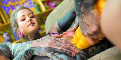 Two tattooed girls get ass fucked by a big dick