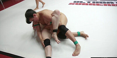 Lez wrestler fingered in public 3some after losing fight