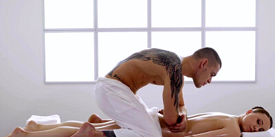 Oiled bitch penetrated in wet pussy by big white dick