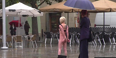 Public perverted naked slut seduced by BDSM lady outdoor