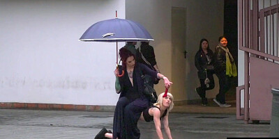 Public perverted naked slut seduced by BDSM lady outdoor