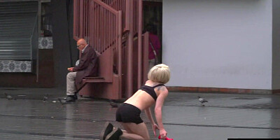 Public perverted naked slut seduced by BDSM lady outdoor
