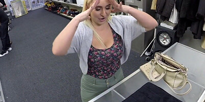 Curvy pawnshop MILF with big pierced boobs fucked in office