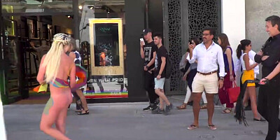 Body painted babe fucked in public