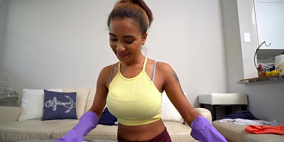 Busty Latin maid drilled by nympho big cock boss in POV