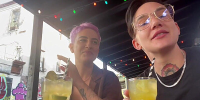 Colored hair lez GF licked by inked queer at home in bed