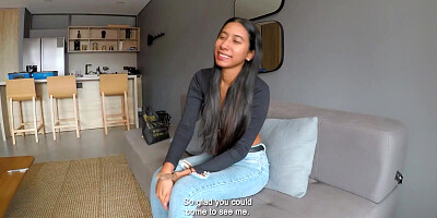 Slim Latina model plays hard to get but ends up riding a big cock after casting