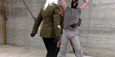 Military femdoms give BDSM ballbusting 3some outdoor