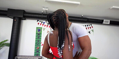 Big booty Ebony cheerleader babe fucked in front of voyeurs