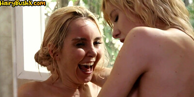 Bushy lez bae seduces nympho BFF lesbian in bathroom