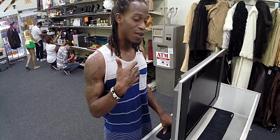 Pawnshop babe fucked in office in front of cuckold BF