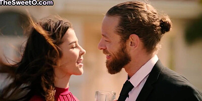 Passionate babe in red classy dress and heels fucked outdoor