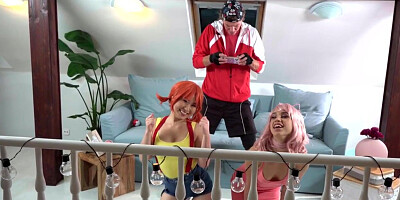 Cocksuckings cosplay sluts share cock in hostel 3some